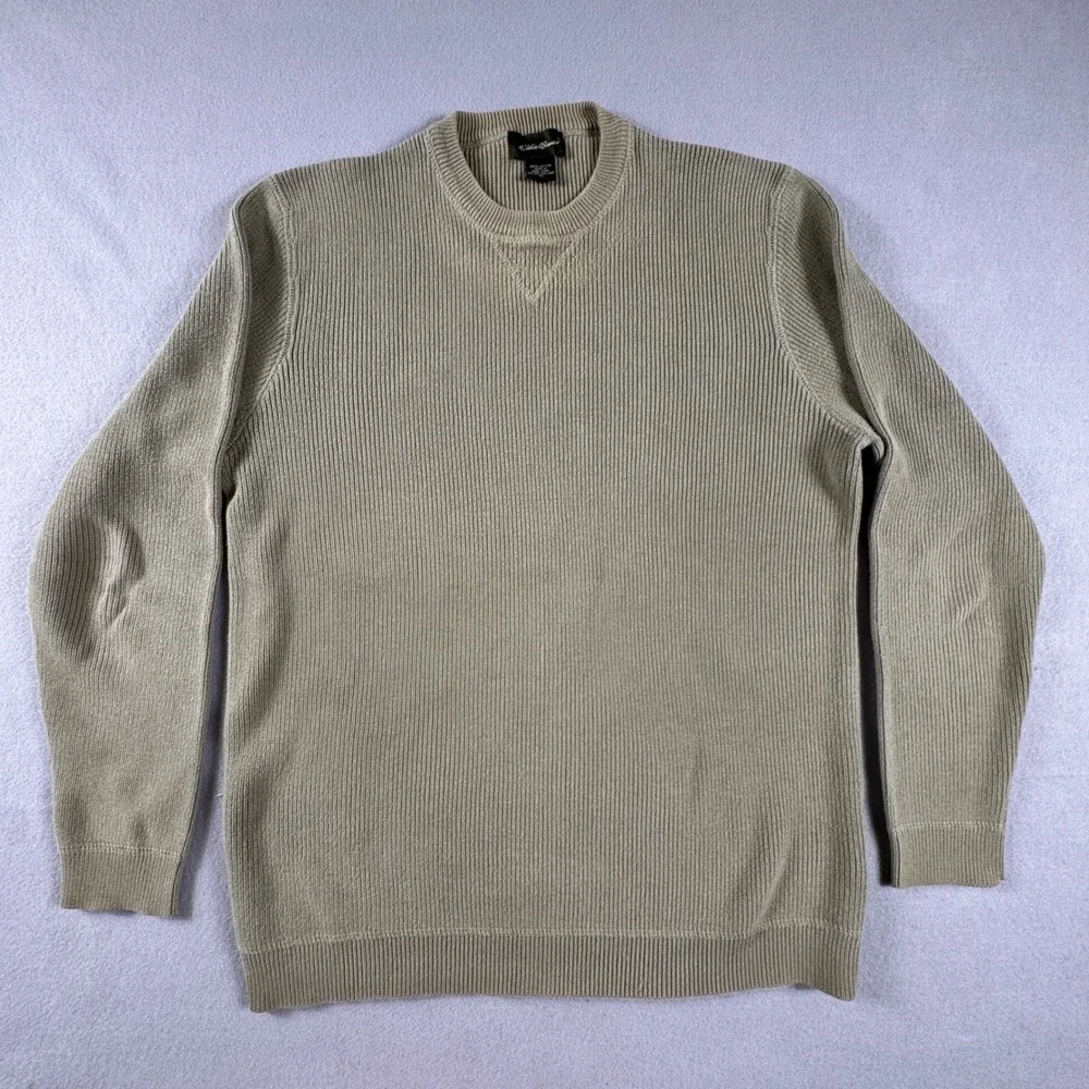 VTG 90s Eddie Bauer Mens M Ribbed  Crewneck Cotton Sweater Olive Green Hong Kong